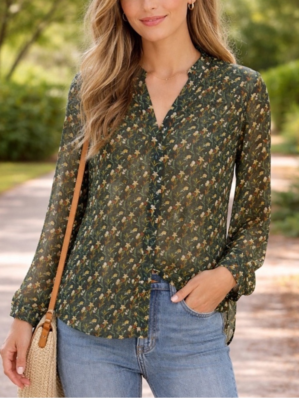 CAbi Floral Liberty Gauzy blouse top Green Floral Button-Down Shirt